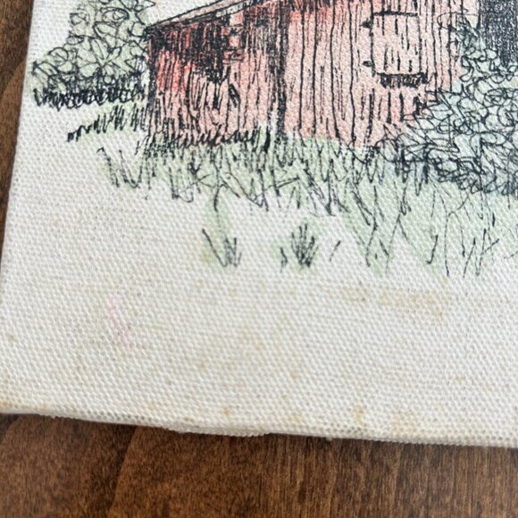Vtg 1987 Original Ink & Watercolor Canvas Red Barn Cow Unframed Artist Signed - Picture 4 of 11